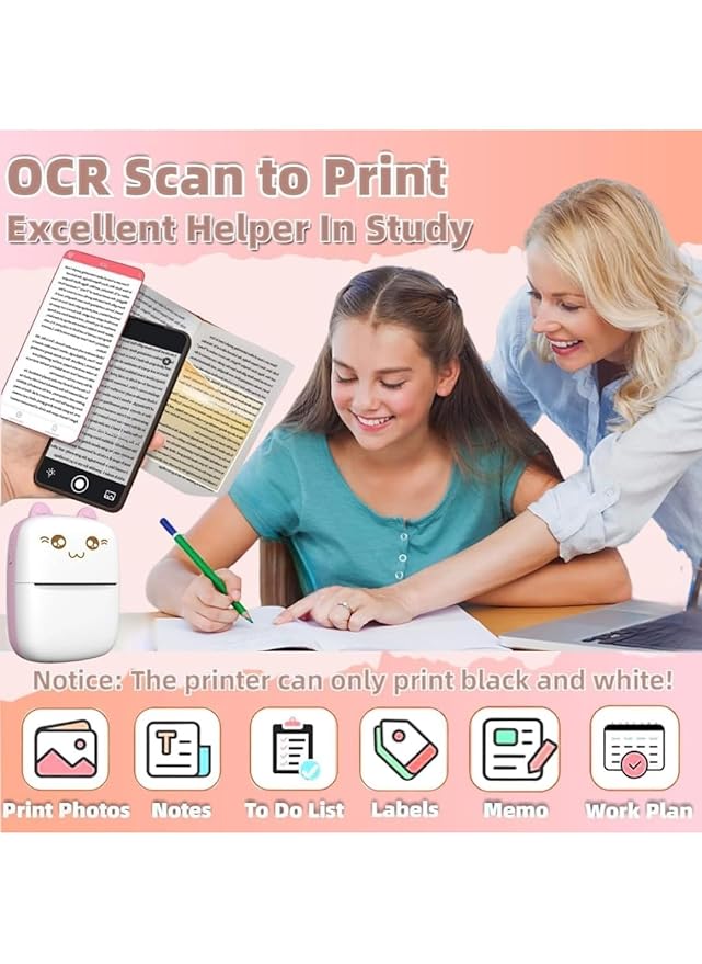 Mini Thermal Printer | Inkless Sticker Printer | USB APP Control Inkless Printer | Wireless Mini Pocket Printer for Labels, Stickers, Photos, Bookmarks, Cards, White